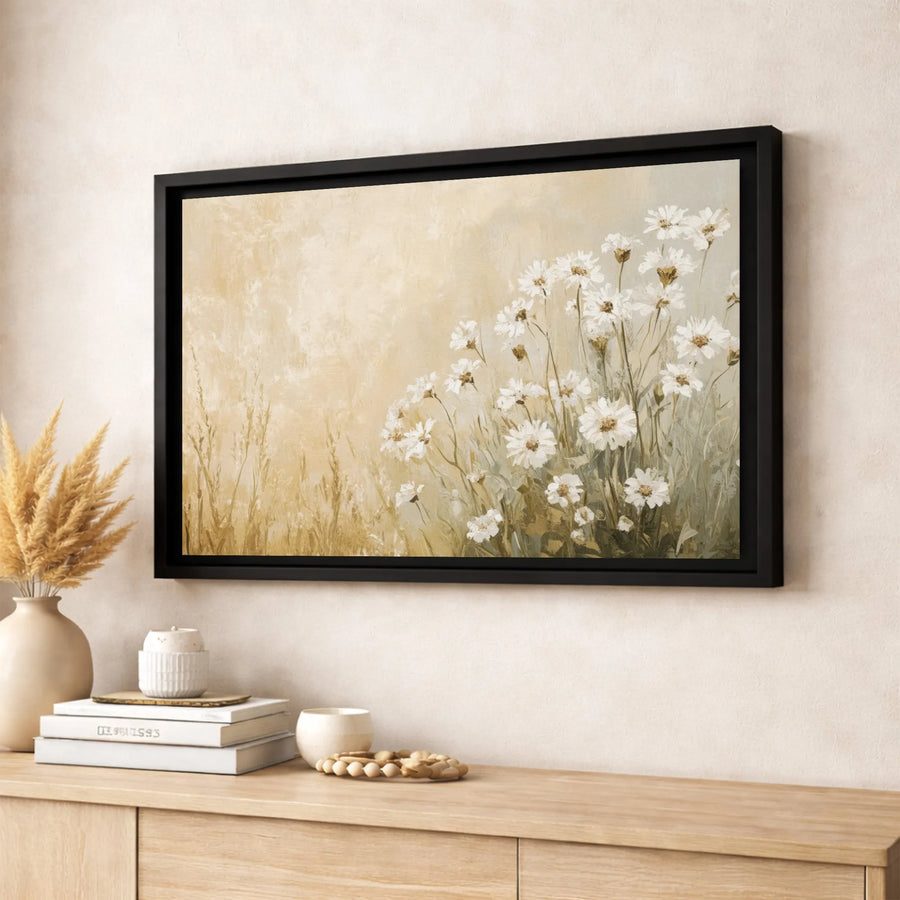 White Daisy Wildflower Canvas Art | Impressionist Floral Meadow Painting | Premium Gallery-Wrapped Print | Minimalist Home Decor Gift
