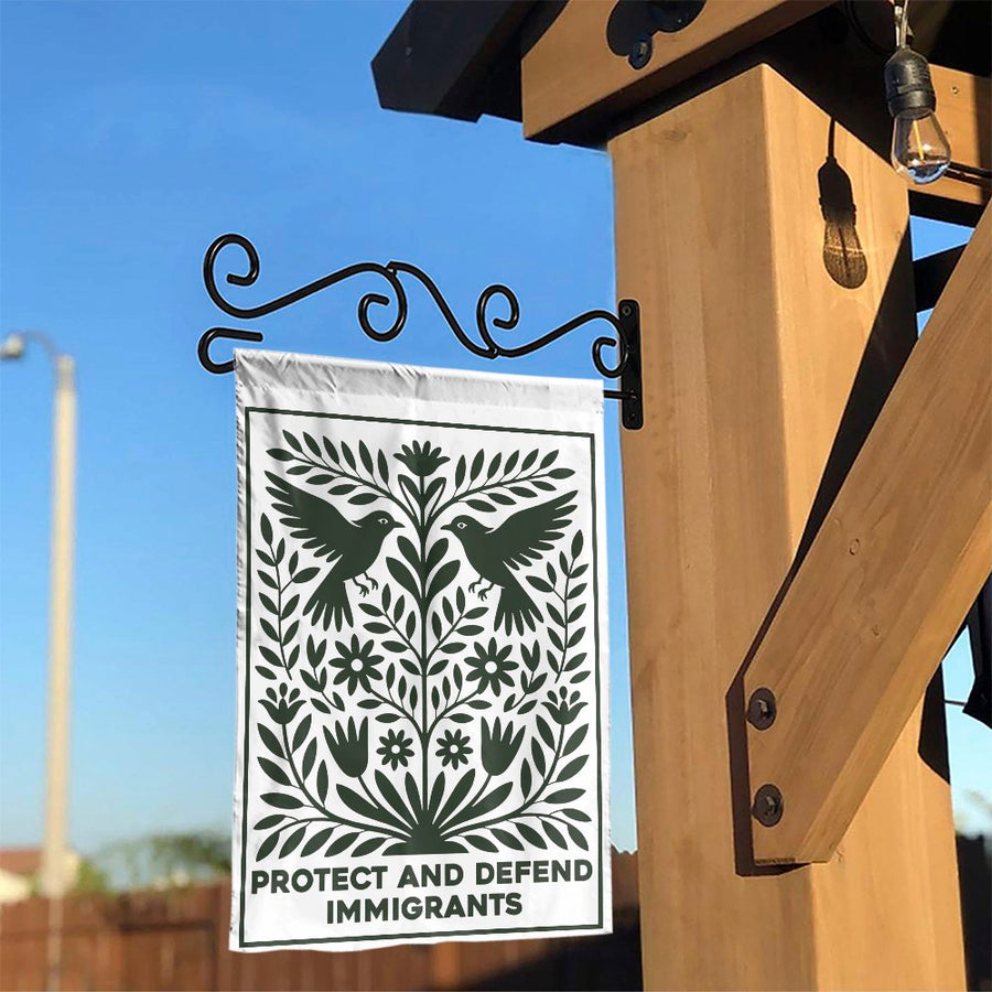 Protect and Defend Immigrants Garden Flag | Folk Art Bird and Floral Design | Durable All-Weather Polyester | Social Justice Yard Decor Gift