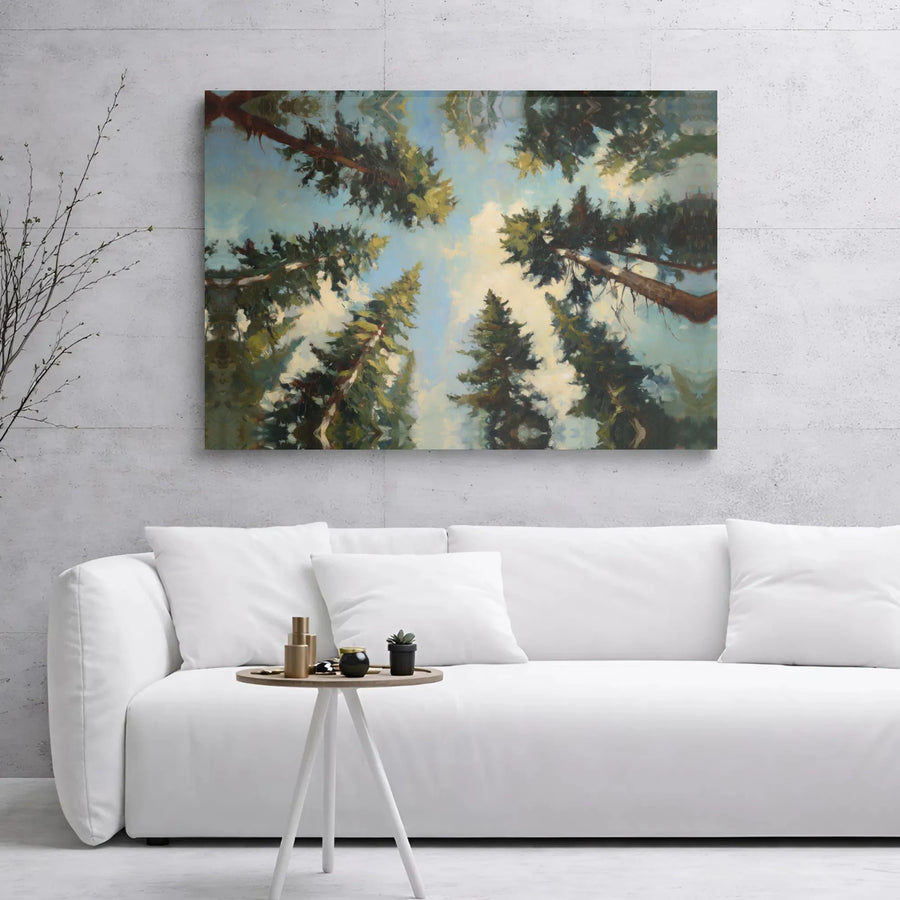 Pine Forest Canopy Canvas Art | Looking Up Into Treetops Nature Print | 1.25 Inch Gallery Wrap Premium Decor | Calming Woodland Gift For Home Office