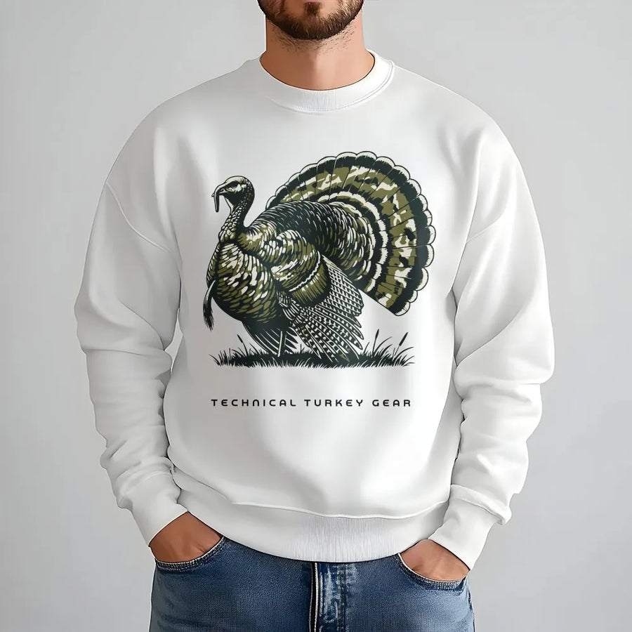 Turkey Hunting Sweatshirt | Vintage Strutting Gobbler with Camo Feathers Graphic | Premium Cotton Tee | Outdoorsman Gift for Hunters