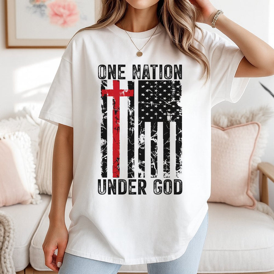 One Nation Under God T-Shirt | Distressed American Flag Cross Graphic | Premium 100% Cotton Tee | Patriotic Christian Gift for Men and Women