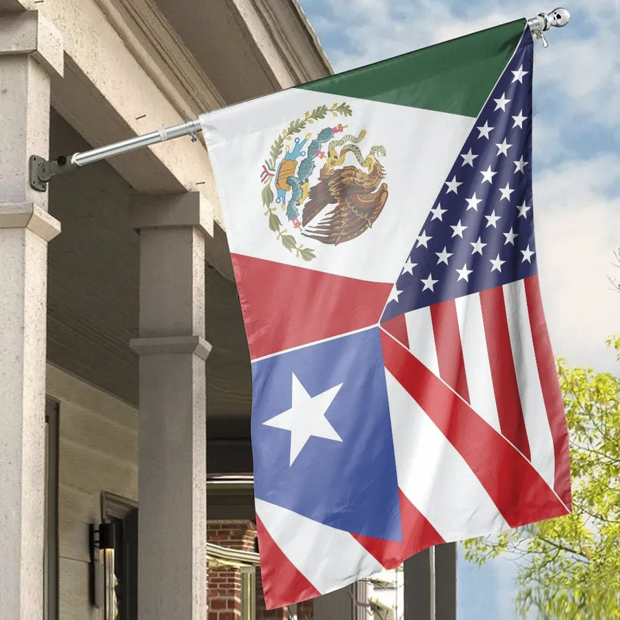 USA Mexico Puerto Rico House Flag | Combined Heritage Double-Sided Print | Premium Weather-Resistant Fabric | Patriotic Porch Decor Gift for Latino Families