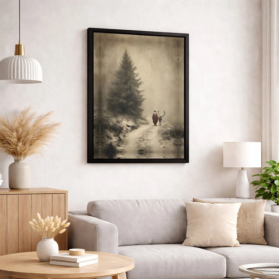Vintage Winter Forest Canvas Art | Man in Red Cloak with Deer Silhouette | Premium 1.25 Inch Gallery Wrap | Seasonal Nature Wall Decor
