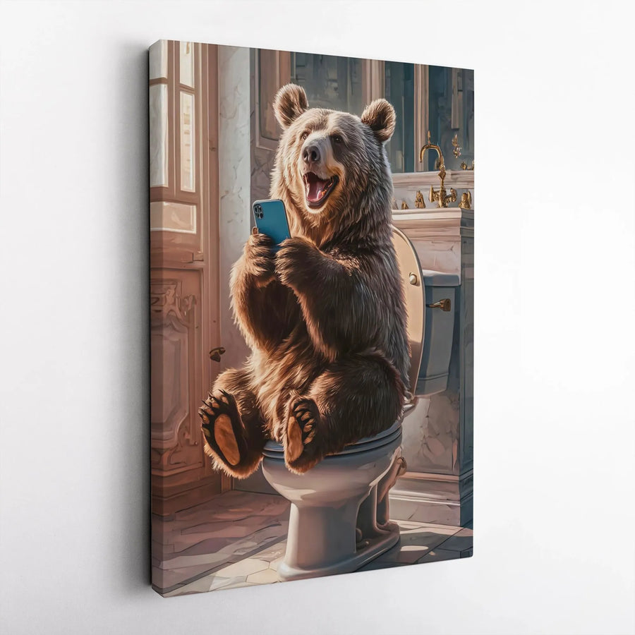 Funny Bear On Toilet Canvas Print | Quirky Bathroom Wall Art | Premium Gallery-Wrapped Decor | Unique Gift For Bathroom Decor Enthusiasts