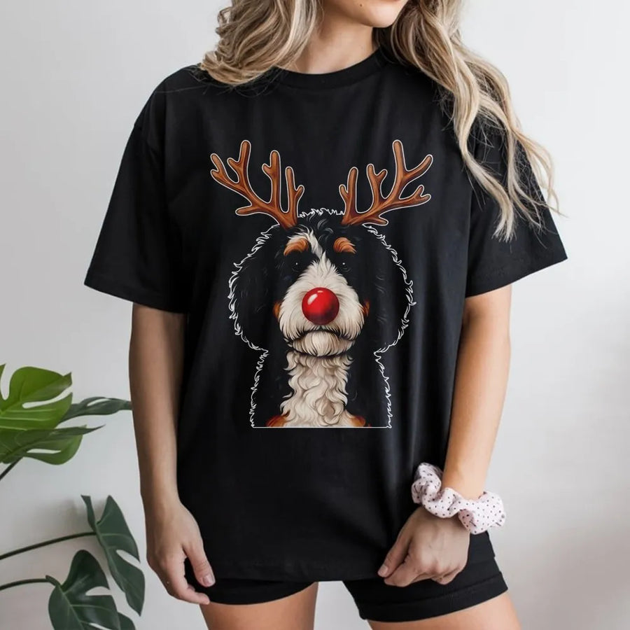 Bernadoodle Christmas T-Shirt | Reindeer Antlers Graphic Dog Design | Premium Cotton Apparel | Cute Holiday Gift for Dog Moms and Lovers