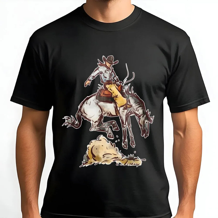 Rodeo Cowboy T-Shirt | Watercolor Bucking Bronc Graphic | Premium Cotton Western Graphic Tee | Unisex Country Western Gift for Cowgirls and Cowboys