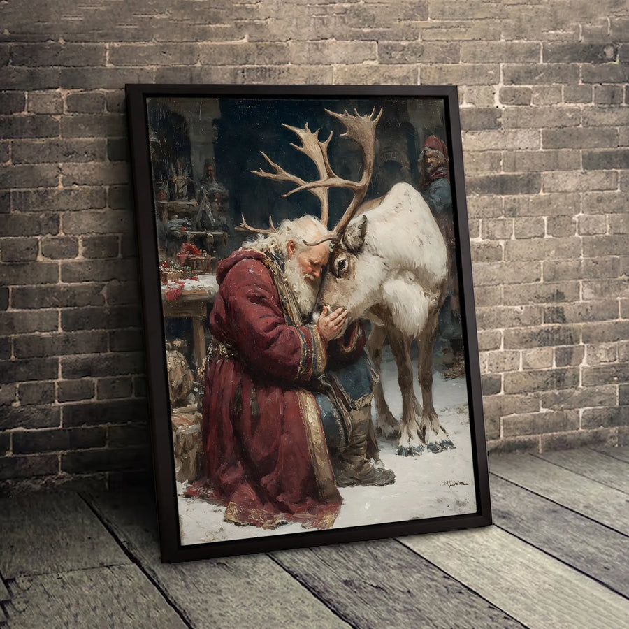 Santa Claus and Reindeer Canvas Wall Art | Nostalgic Christmas Oil Painting Style | Premium Gallery Wrap 1.25" Profile | Festive Holiday Home Decor Gift
