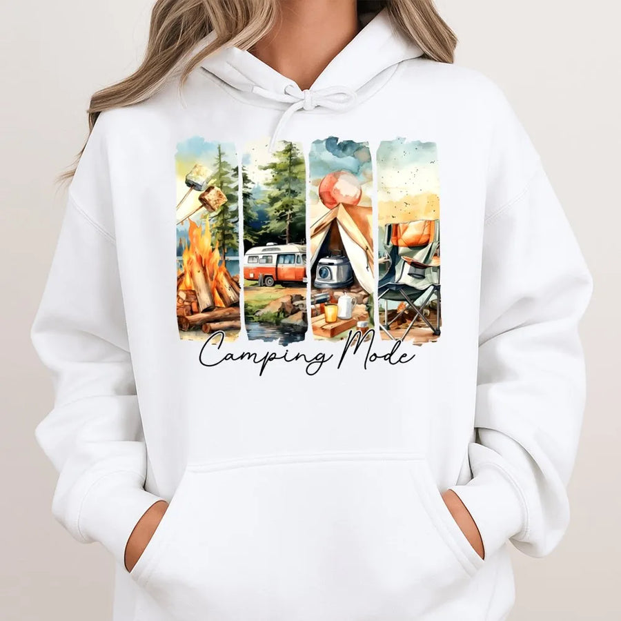 Camping Mode Hoodie | Watercolor Nature Adventure Graphic | Cotton-Blend Premium Comfort | Unisex Gift for Outdoor Lovers & Campers
