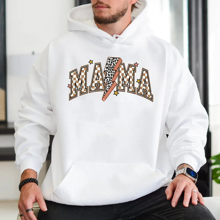 Mama Hoodie | Retro Checkered Lightning Bolt Graphic | Premium Cotton Blend | Trendy Mom Gift for Birthday or Mother's Day 2026