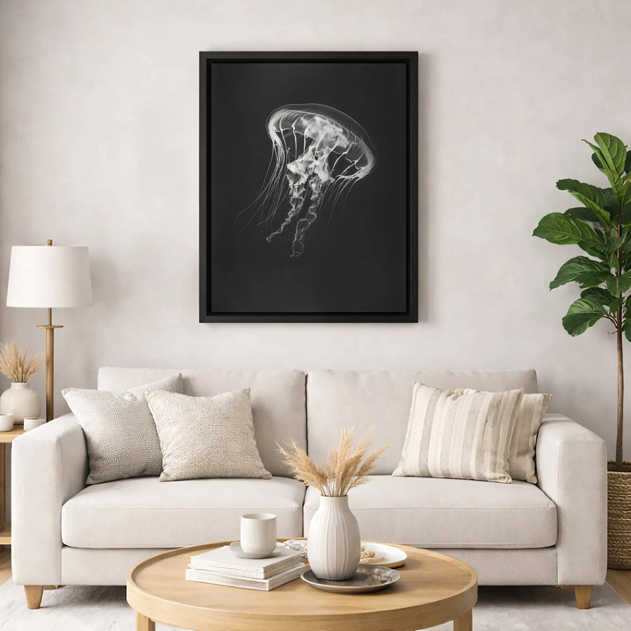 Jellyfish Wall Art Canvas | Minimalist Black and White Marine Life Print | 1.25-inch Thick Gallery Wrap | Modern Home Office Decor
