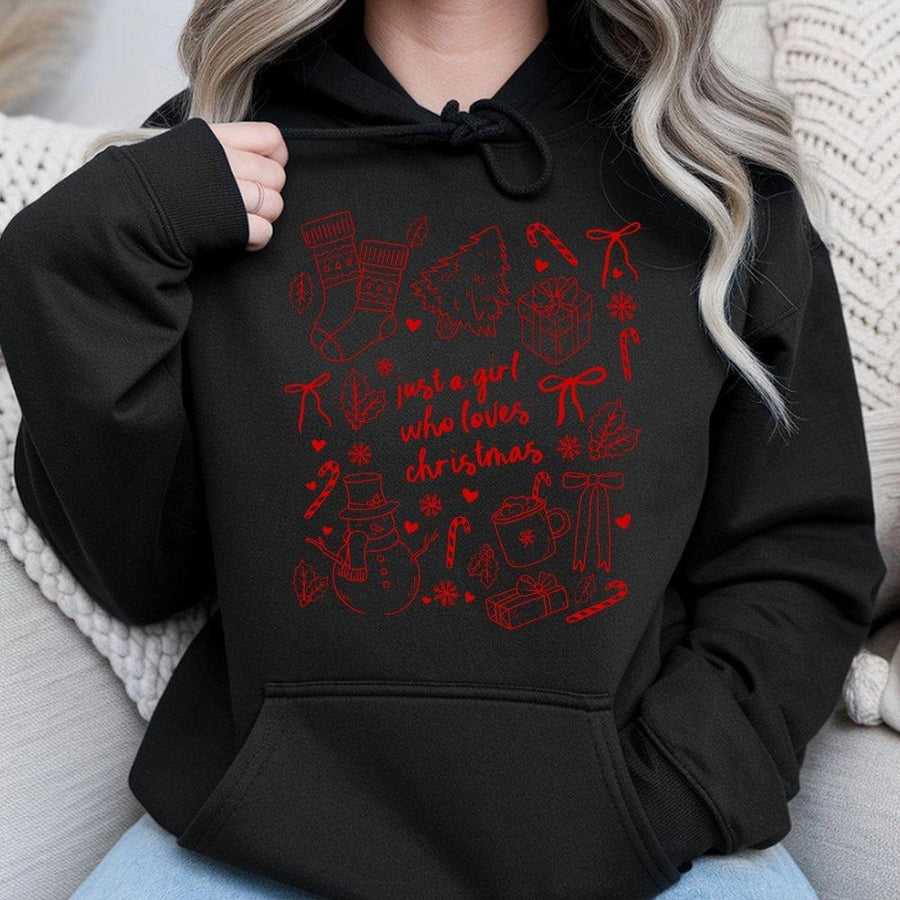 Just A Girl Who Loves Christmas Hoodie | Coquette Bow Holiday Aesthetic | Soft Cotton-Poly Blend | Festive Xmas Gift For Her