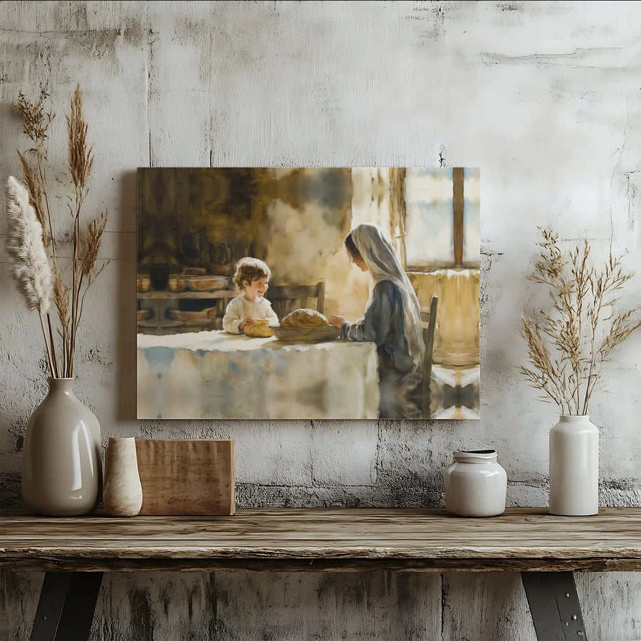 Mary and Child Jesus Canvas Art | Watercolor Religious Kitchen Scene | Gallery Wrapped Premium Print | Spiritual Home Decor Gift