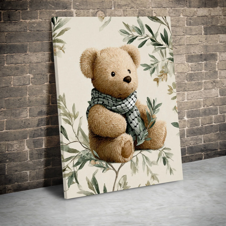 Watercolor Teddy Bear Canvas Print | Keffiyeh Scarf & Olive Branch Art | Premium Gallery Wrapped Decor | Nursery & Living Room Gift