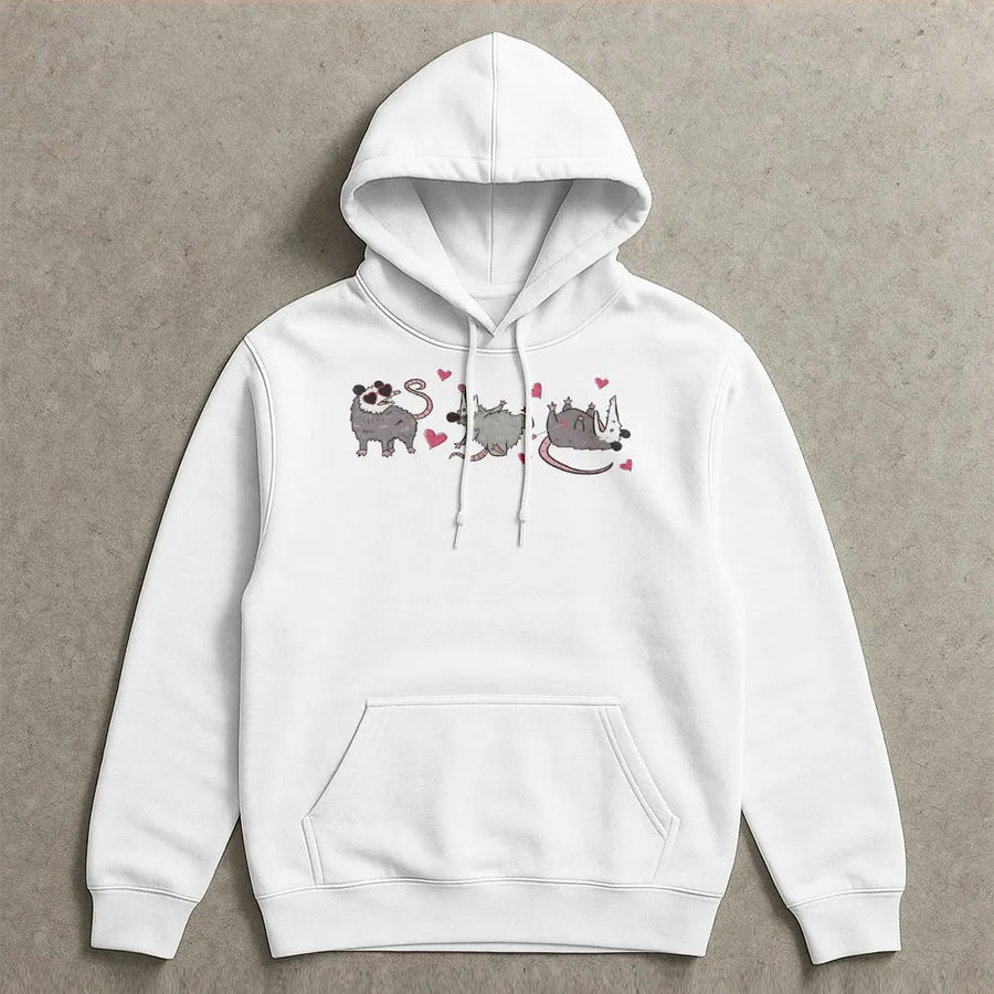Possum Valentine Hoodie | Cute Opossum Love Heart Graphic | Premium Cotton Blend Unisex Sweatshirt | Funny Animal Anniversary Gift