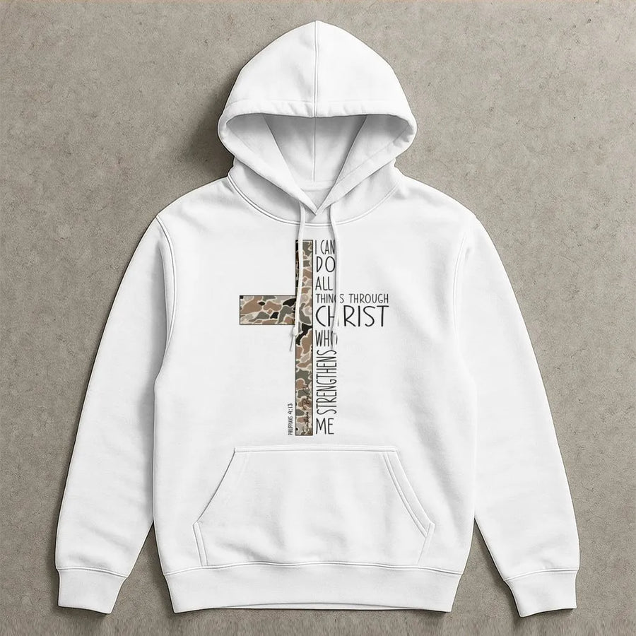 Philippians 4:13 Hoodie | Camo Cross Christian Faith Design | Premium Cotton Blend Fleece | Inspirational Religious Gift for Men and Women