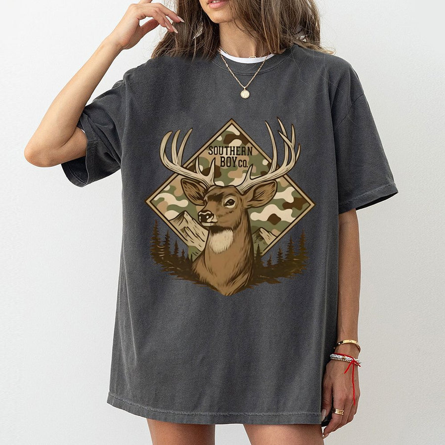 Buck Deer T-Shirt | Camo Mountain Graphic Print | 100% Premium Cotton Tee | Hunting Gift for Men and Outdoorsmen