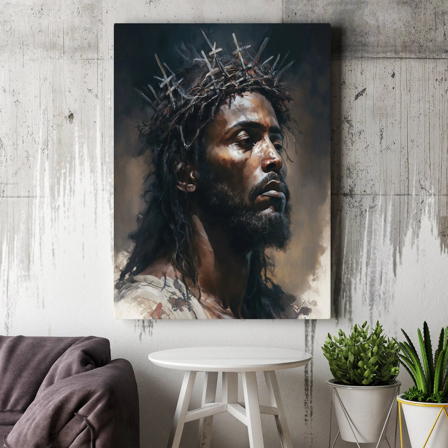 Black Jesus Canvas Wall Art | Crown of Crosses Portrait | Premium 1.25" Thick Canvas | Christian Faith Home Decor Gift