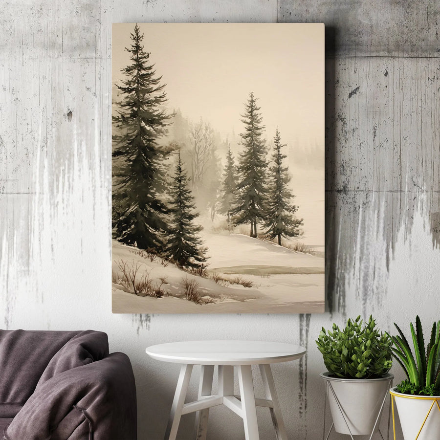 Winter Forest Canvas Wall Art | Misty Pine Tree Watercolor Print | Premium Gallery Wrapped Canvas | Rustic Cabin and Farmhouse Decor Gift