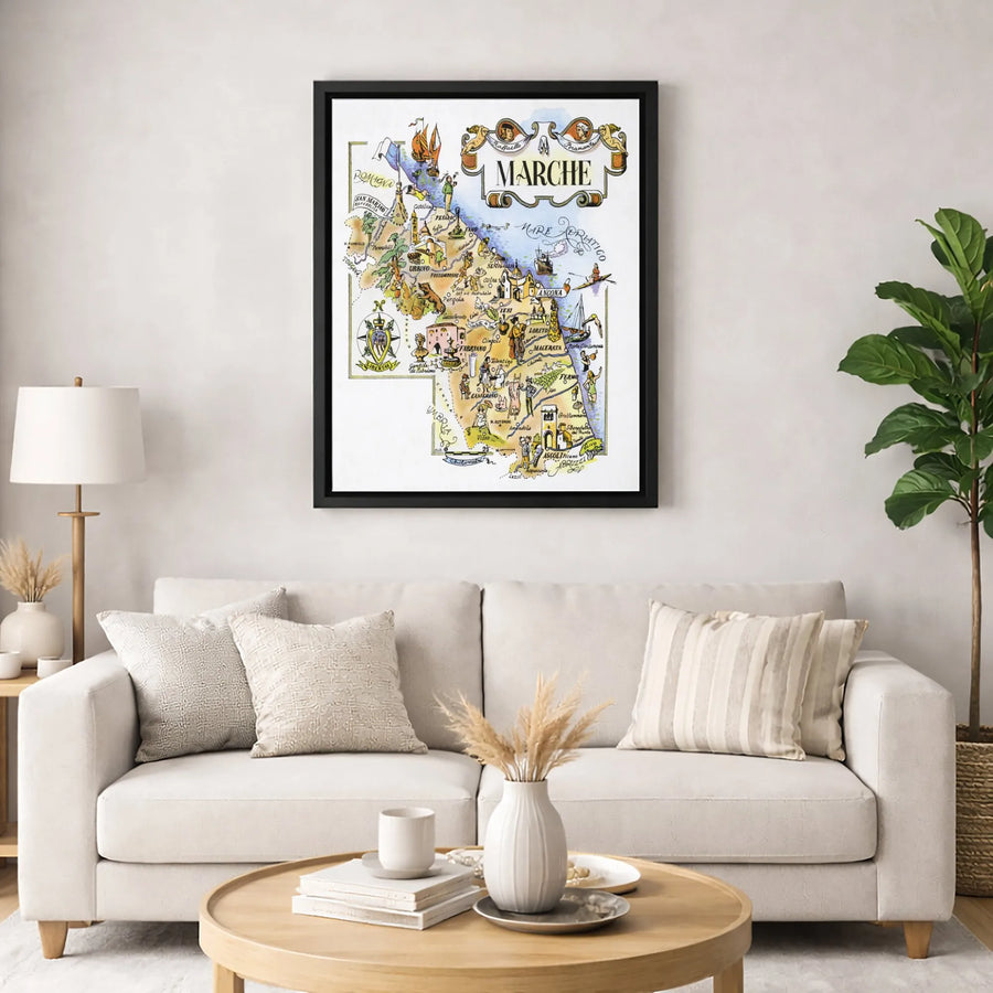 Marche Italy Map Print | Vintage Pictorial Illustration | Premium Gallery Canvas | Travel Wall Art Gift for Italy Lovers