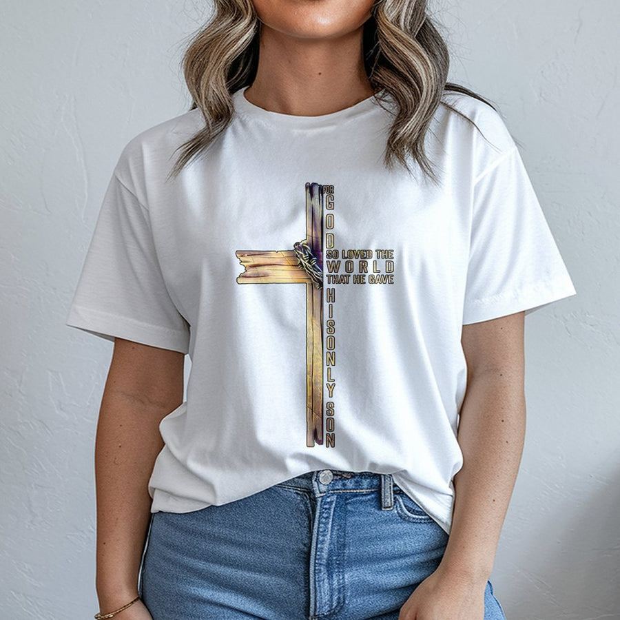 For God So Loved The World T-Shirt | John 3:16 Wooden Cross Design | Premium 100% Cotton | Religious Gift for Men and Women