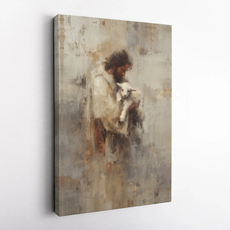 Jesus Holding A Lamb Canvas Wall Art | Abstract Religious Painting | Premium Gallery Wrap | Inspirational Christian Home Decor Gift