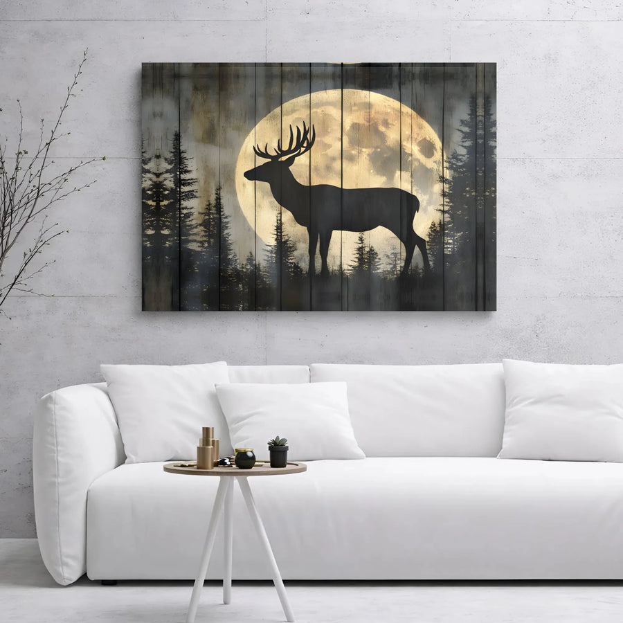 Rustic Stag Canvas Wall Art | Moonlight Forest Silhouette Print | 1.25 Inch Gallery Wrap | Lodge Decor Gift for Nature Lovers