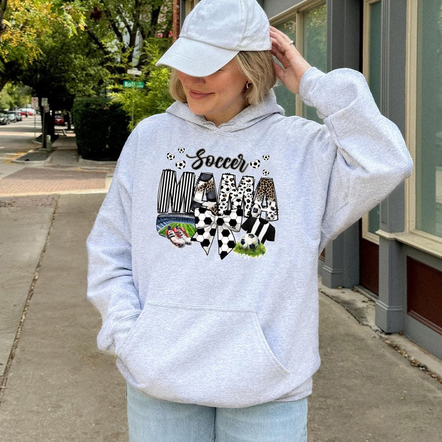 Soccer Mama Hoodie | Leopard Print Bow Graphic | Soft Cotton Blend | Game Day Gift for Soccer Mom