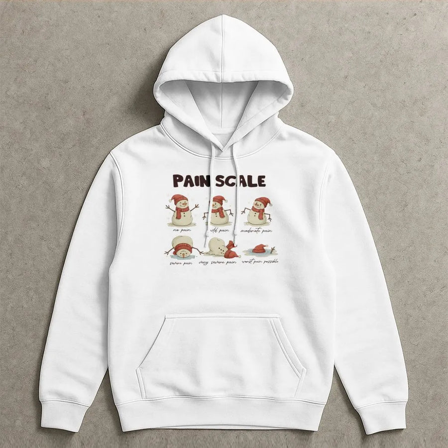 Christmas Pain Scale Hoodie | Funny Melting Snowman Graphic | Premium Cotton Blend | Nurse Gift For Holiday Season