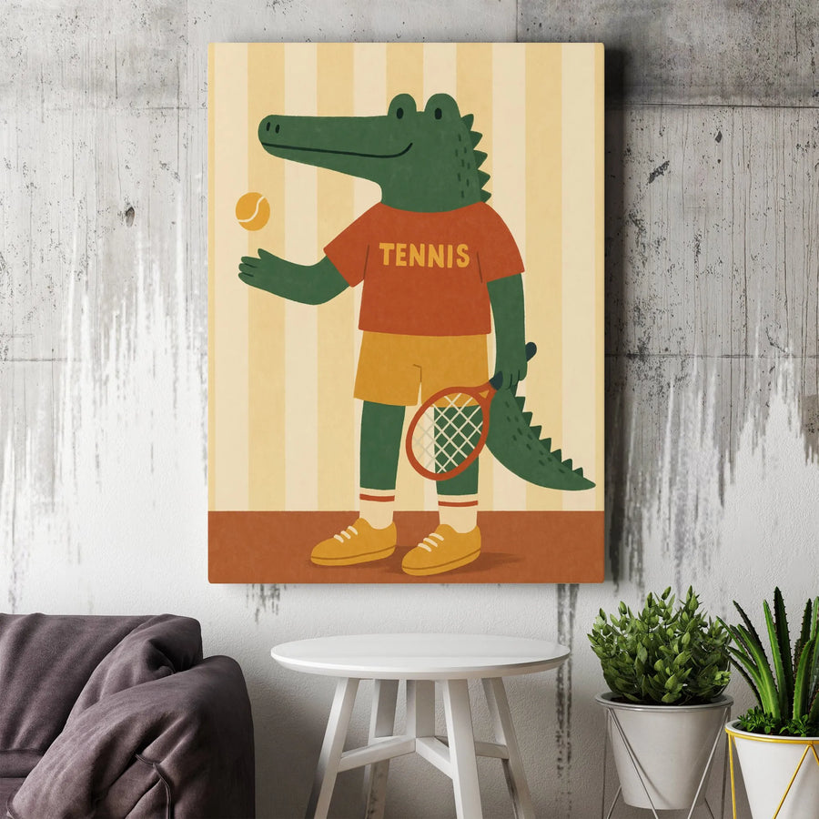 Alligator Tennis Player Canvas Print | Retro Cartoon Animal Sports Art | Premium Canvas with Fade-Resistant Inks | Unique Gift for Tennis Lovers & Kids Room Decor