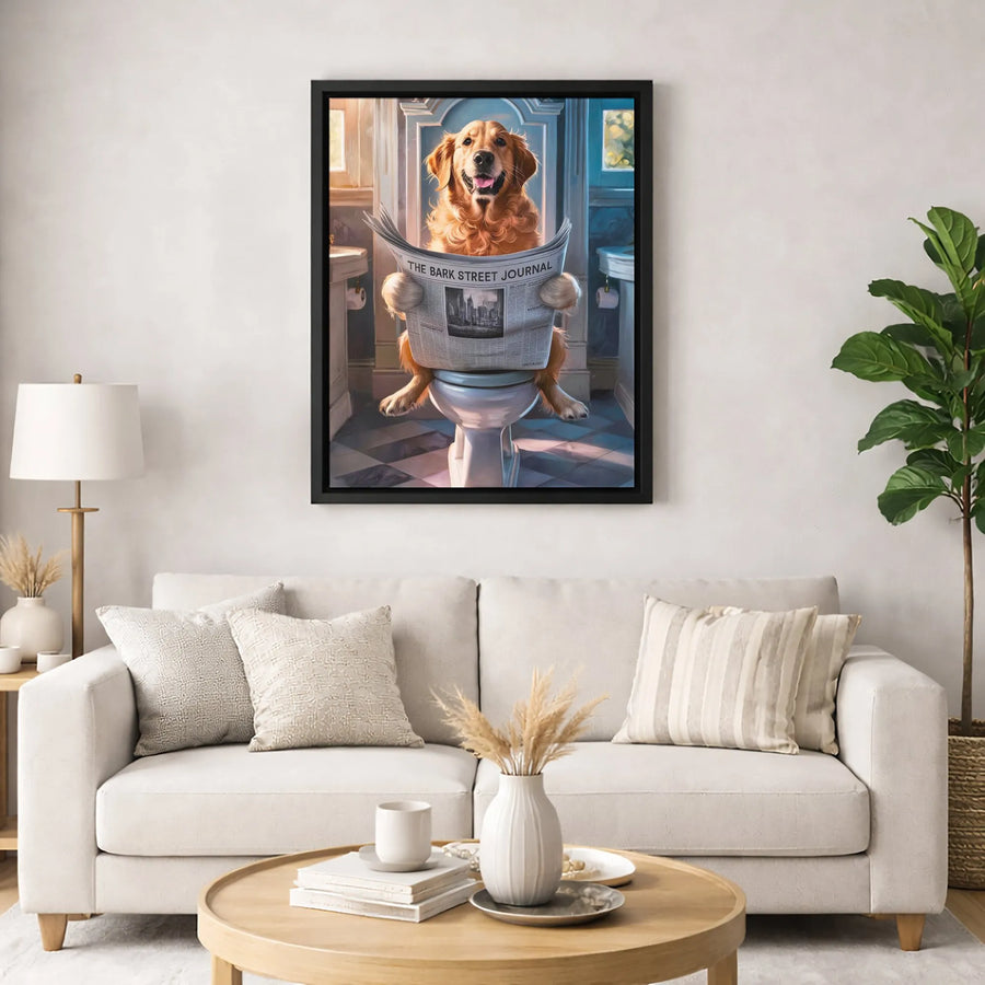 Golden Retriever Toilet Canvas Art | Funny Dog Reading Newspaper Bathroom Wall Decor | Premium 1.25-Inch Gallery Wrap | Unique Pet Lover Gift