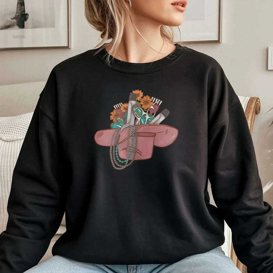 Hairstylist Western Cowboy Hat Sweatshirt | Cosmetologist Beauty Salon Graphic | Premium Cotton Blend | Gift for Hairdresser Stylist