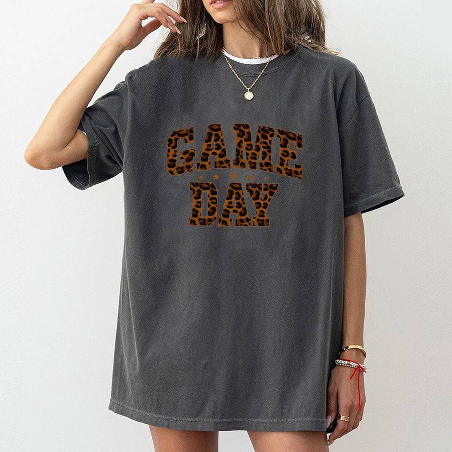 Game Day T-Shirt | Leopard Print Varsity Letter Graphic | 100% Cotton Premium Comfort | Cute Football Outfit Gift for Her