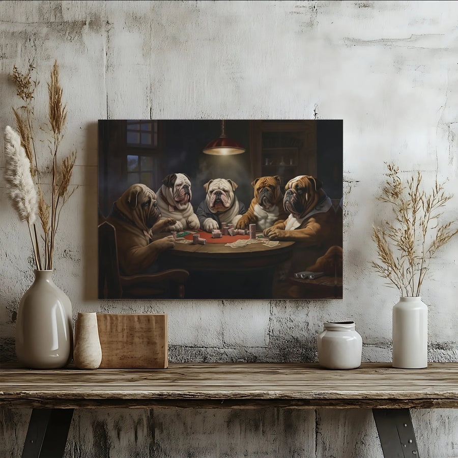 Bulldogs Playing Poker Canvas Wall Art | Funny English Bulldog Poker Night Print | Gallery Quality | Man Cave Decor Gift for Him