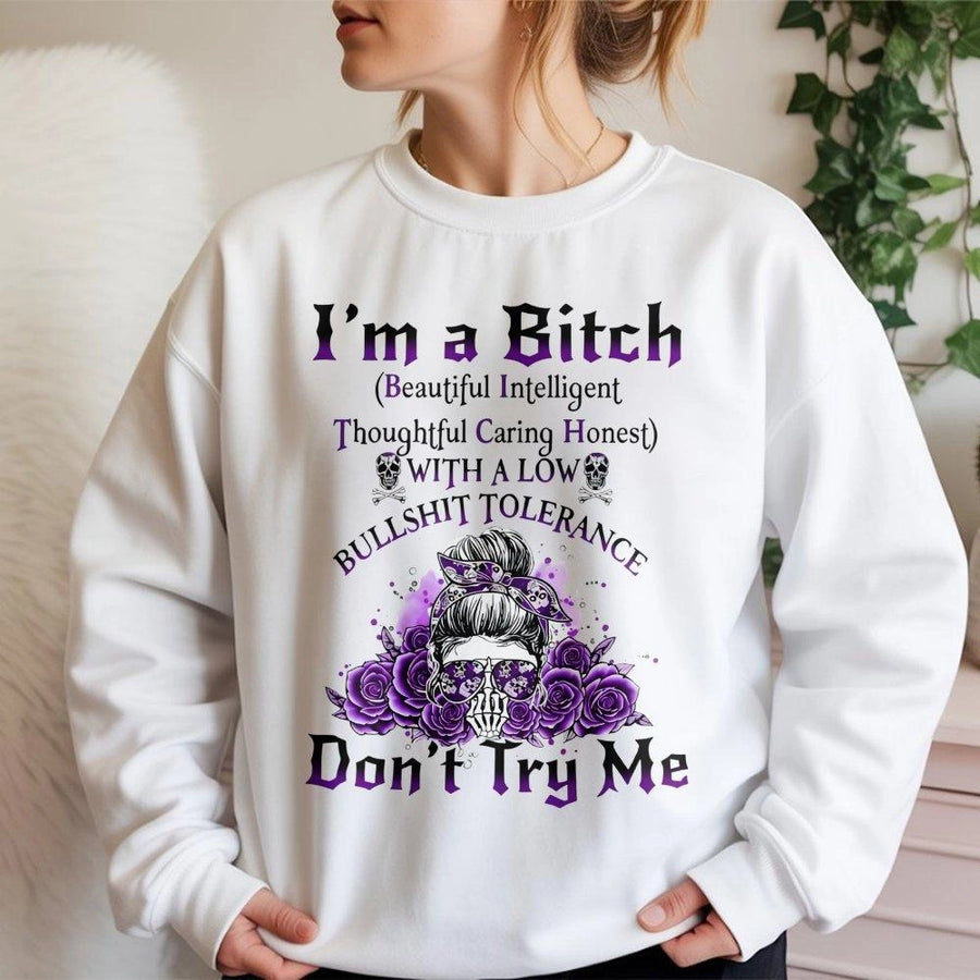 Funny Sarcastic Skull Sweatshirt | Floral Messy Bun Girl Design | Premium Cotton Blend Crewneck | Empowered Women Gift Birthday Apparel