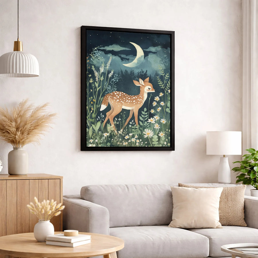 Baby Fawn Wall Art | Whimsical Night Forest Canvas Print | Gallery-Quality Decor | Nursery and Woodland Home Decor Gift