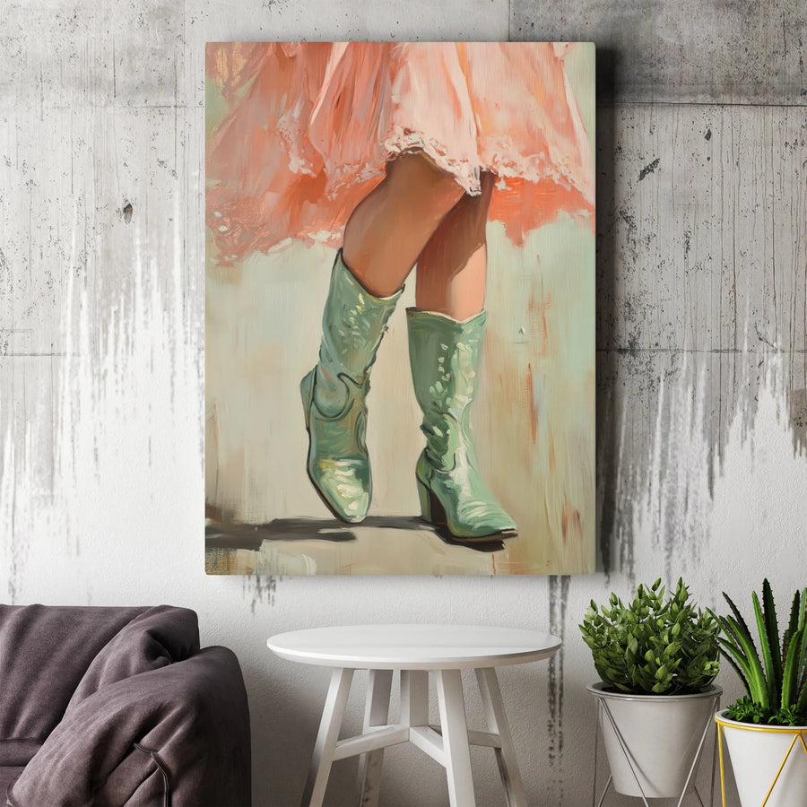 Western Cowgirl Art Canvas | Pink Dress and Green Cowboy Boots Painting | Premium Gallery Wrap Wall Decor | Modern Farmhouse Home Gift