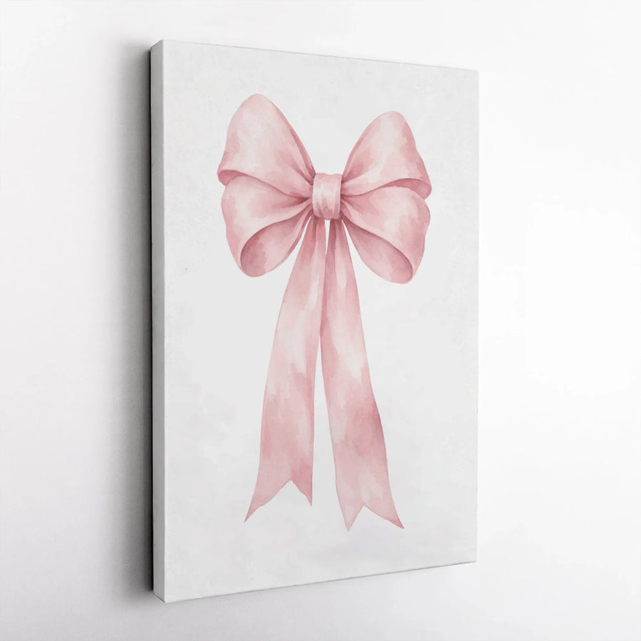 Pink Bow Canvas Wall Art | Watercolor Ribbon Illustration | Premium 1.25" Thick Gallery Wrapped Print | Coquette Nursery Room Decor Gift for Her