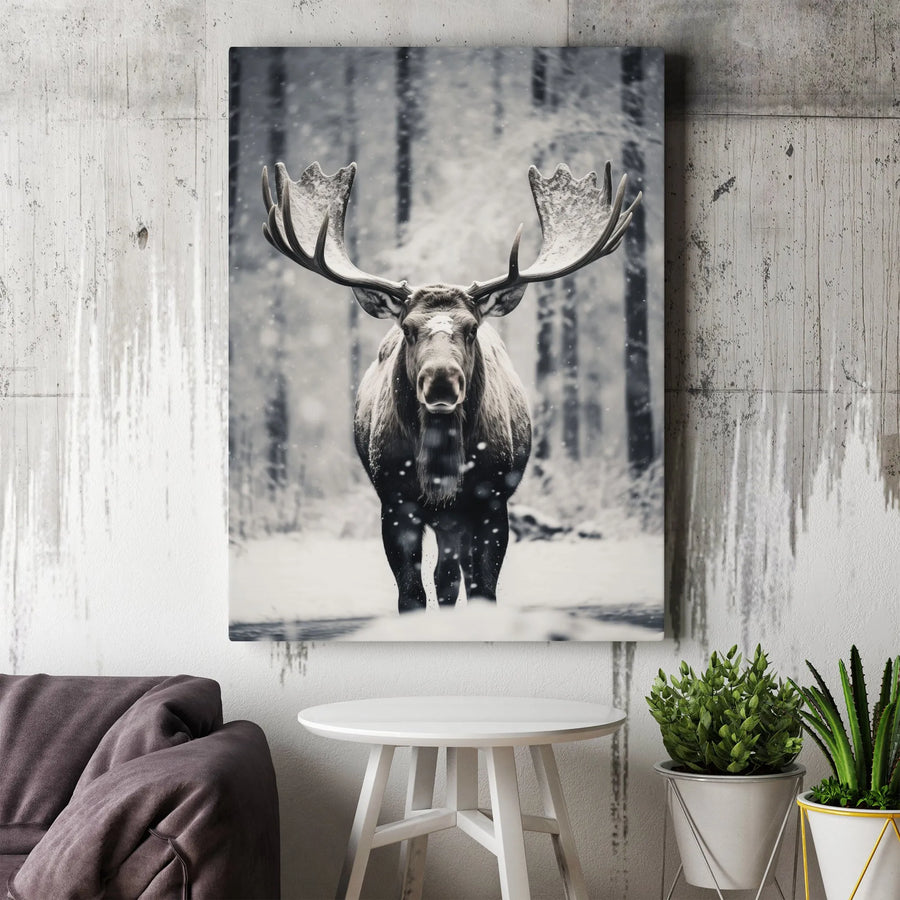 Moose Canvas Wall Art | Black and White Wildlife Photography | Premium Gallery Wrapped Print | Rustic Cabin Decor Gift