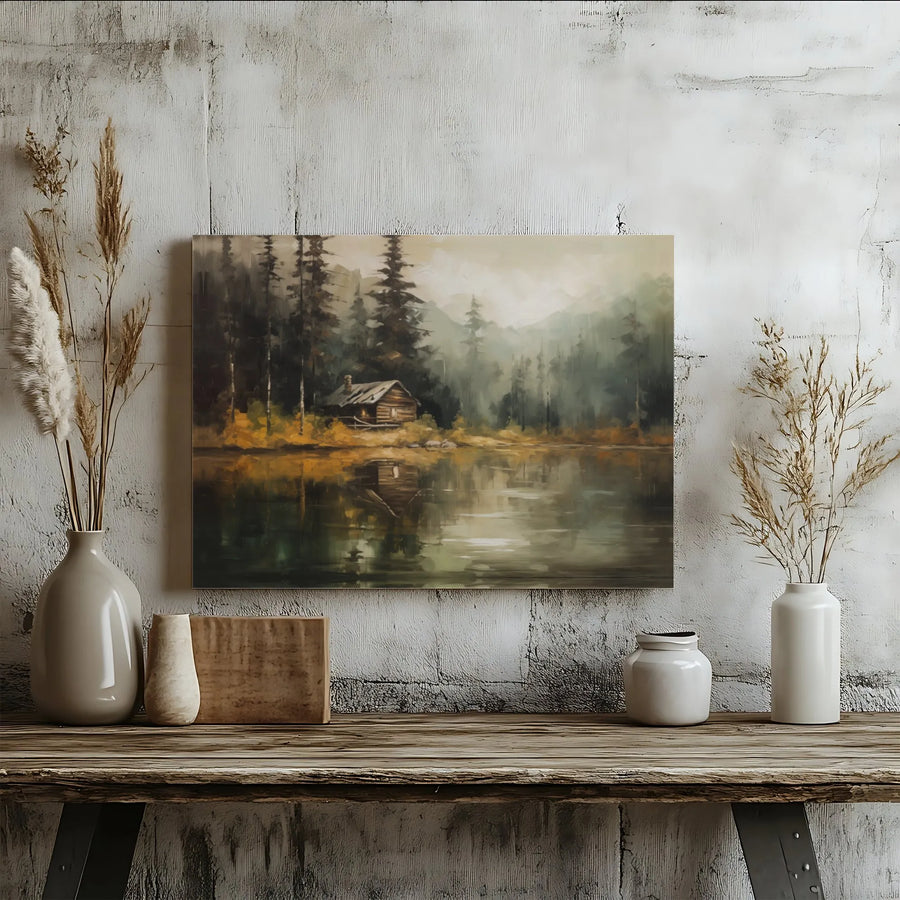 Rustic Cabin Wall Art | Misty Lake Forest Landscape Canvas | Premium 1.25-Inch Gallery Wrap | Nature-Inspired Home Decor for Cabin Owners
