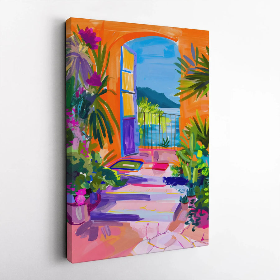 Abstract Coastal View Vertical Canvas | Vibrant Mediterranean Balcony Painting Print | Premium Gallery-Wrapped Wall Art | Modern Home Decor Gift