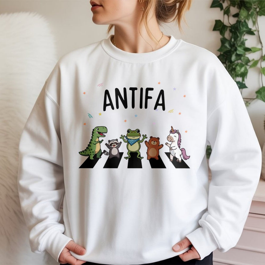 Antifa Cute Animal Squad Sweatshirt | Funny Frog And Dinosaur Graphic | Premium Cotton Blend | Social Justice Activist Gift For Men And Women