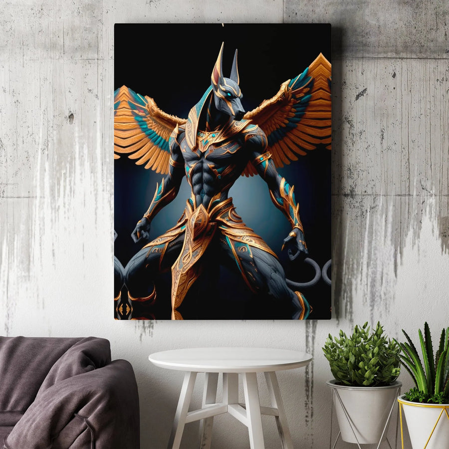 Anubis Egyptian God Canvas Wall Art | Winged Warrior in Gold and Teal Armor | Premium Gallery Wrap Print | Mythological Home Decor Gift