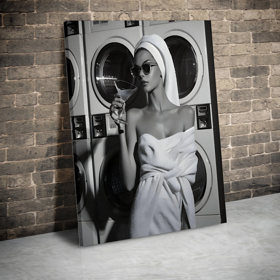 Laundry Martini Girl Canvas Print | Glamorous Laundromat Wall Art | Premium Gallery-Wrapped 1.25" Profile | Chic Modern Home Decor Gift