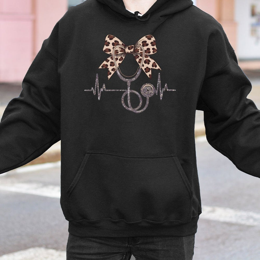 Nurse Hoodie With Leopard Bow Stethoscope | Cute Coquette Heartbeat Nursing Graphic | Cotton-Blend Comfort | Gift For Registered Nurse & Nursing Student