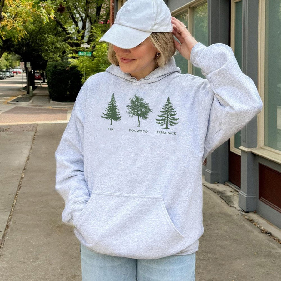 Forest Trees Hoodie | Fir Dogwood Tamarack Botanical Illustration | Premium Cotton Blend | Nature Lover Gift for Outdoorsmen and Women