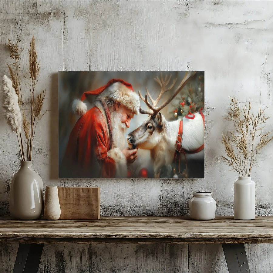 Santa Claus and Reindeer Canvas Wall Art | Cozy Christmas Holiday Scene | Gallery Wrap Premium Print | Festive Home Decor Gift