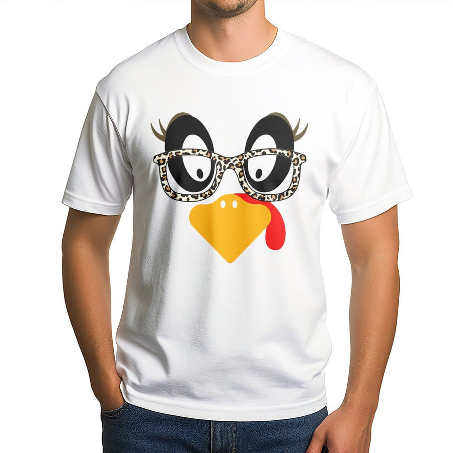 Turkey Face Thanksgiving T-Shirt | Leopard Print Glasses Design | Premium Soft Cotton | Funny Fall Matching Family Outfit Gift