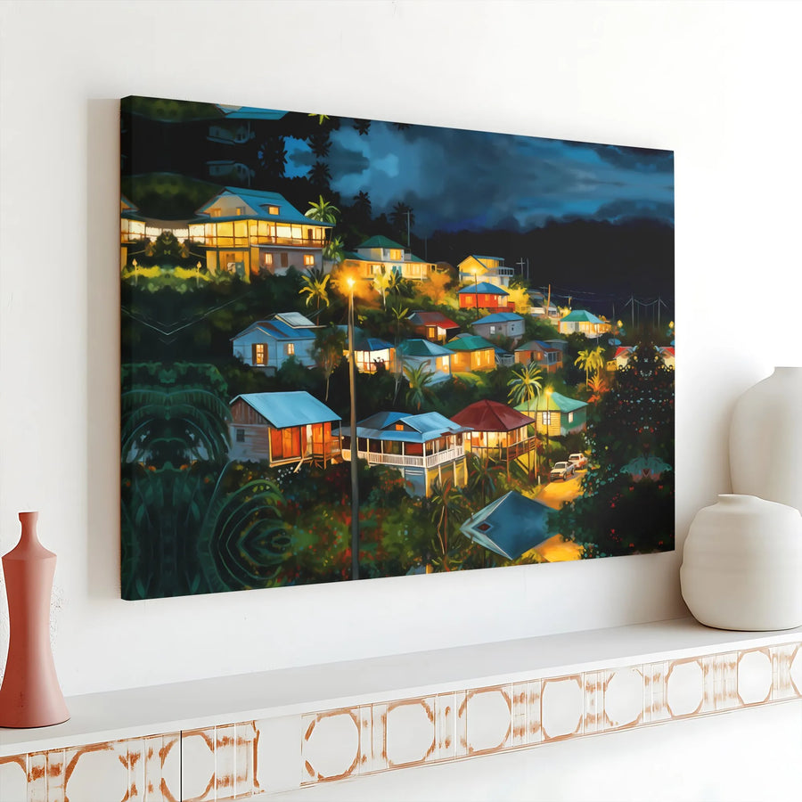 Tropical Hillside Village Canvas Print | Nighttime Island Landscape Wall Art | Premium Gallery Wrap Decor | Ready To Hang Gift For Travelers