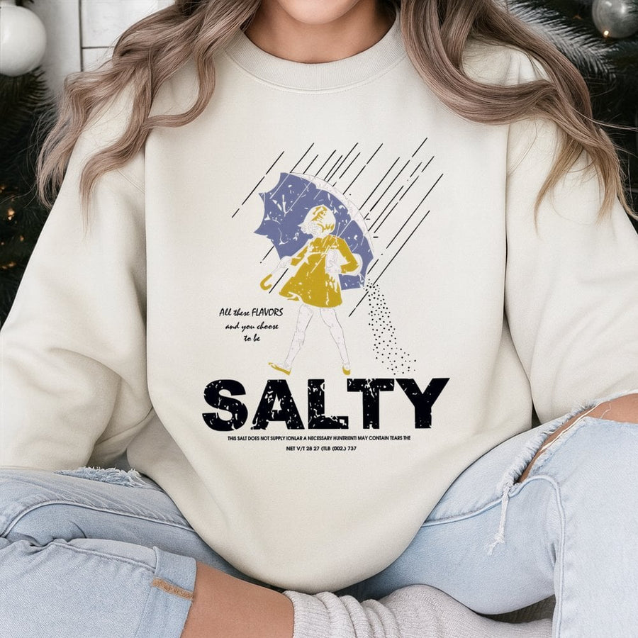 Salty Graphic Sweatshirt | Retro Umbrella Girl Art | Premium Cotton Blend Crewneck | Funny Sarcastic Gift for Her & Him