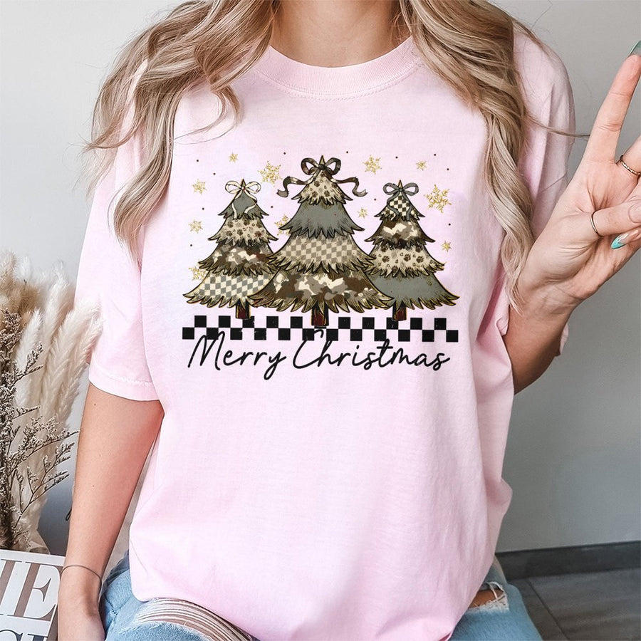 Merry Christmas Tree T-Shirt | Camo Checkerboard Coquette Aesthetic | Premium 100% Cotton Tee | Gift for Her Holiday Party Outfit